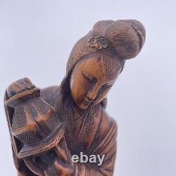 Antique Chinese Boxwood Female Figure on Plinth Hand Carved Oriental Carving