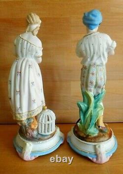 Antique Pair Of Vion And Baury Bisque Young Male And Female Figures With Bird