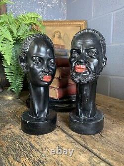 Antique Vintage MCM Black African Pair Busts Male Female A Giannelli Red Lips