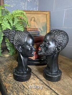 Antique Vintage MCM Black African Pair Busts Male Female A Giannelli Red Lips