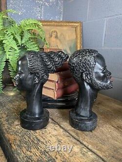 Antique Vintage MCM Black African Pair Busts Male Female A Giannelli Red Lips