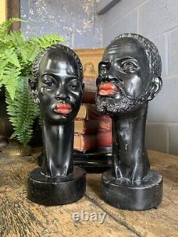 Antique Vintage MCM Black African Pair Busts Male Female A Giannelli Red Lips