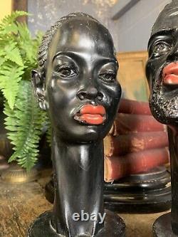 Antique Vintage MCM Black African Pair Busts Male Female A Giannelli Red Lips