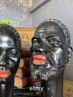 Antique Vintage MCM Black African Pair Busts Male Female A Giannelli Red Lips