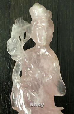 Carved Rose Quartz Chinese Kwan Yin Female Figure Goddess Sculpture Wood Stand