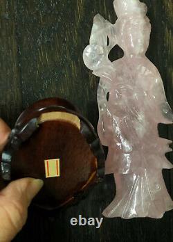 Carved Rose Quartz Chinese Kwan Yin Female Figure Goddess Sculpture Wood Stand