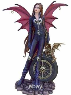 Large Gothic Biker Fantasy Fairy Statue Resin Winged Female Warrior with Dragon
