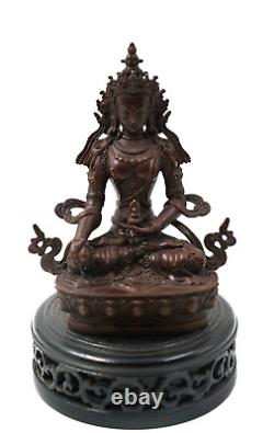Ornate Chinese Tibetan Female Spiritual Praye Bronze Figure Statue With Wood Stand