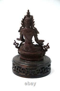 Ornate Chinese Tibetan Female Spiritual Praye Bronze Figure Statue With Wood Stand