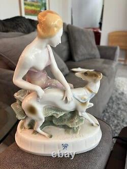 Rare Antique Carl Graser porcelain figurine Greyhound and Female figure signed