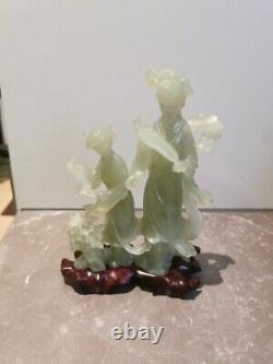 VERY FINELY CARVED OLD CHINESE GREEN JADE Female And Child IMMORTAL FIGURE