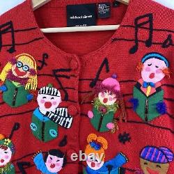 VTG Michael Simon Musical Christmas Singing Carolers AOP Sweater Cardigan Large