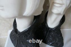 Vintage Chinese Black Robed And 28 CM Ivorine Resin Female & Male Bust Figurines