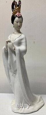 Vtg Chinese Woman Female Asian Gold Headdress White Gown Porcelain Statue 17